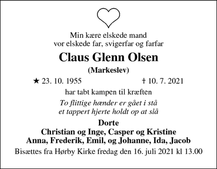 Dødsannoncen for Claus Glenn Olsen - Markeslev