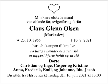 Dødsannoncen for Claus Glenn Olsen - Markeslev