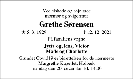 Dødsannoncen for Grethe Sørensen - Holbæk