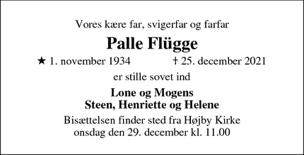 Dødsannoncen for Palle Flügge - Højby Sj. 