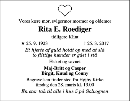 Dødsannoncen for Rita E. Roediger - Højby