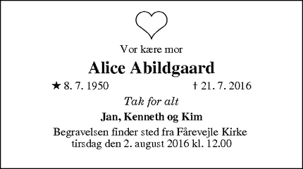 Dødsannoncen for Alice Abildgaard - Fårevejle
