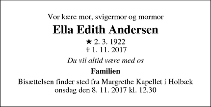 Dødsannoncen for Ella Edith Andersen - Holbæk
