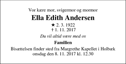 Dødsannoncen for Ella Edith Andersen - Holbæk