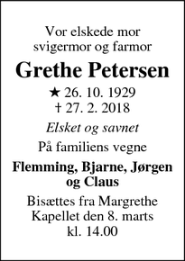 Dødsannoncen for Grethe Petersen - Holbæk