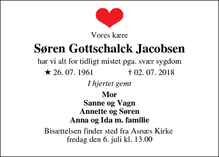 Dødsannoncen for Søren Gottschalck Jacobsen - Asnæs