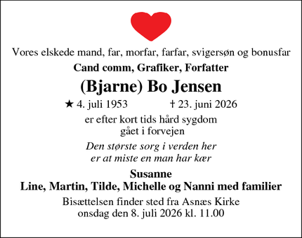 Dødsannoncen for (Bjarne) Bo Jensen - Fårevejle