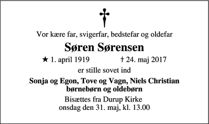 Dødsannoncen for Søren Sørensen - Nørager
