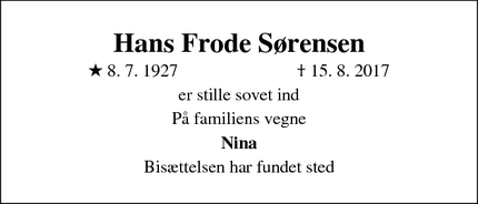 Dødsannoncen for Hans Frode Sørensen - Nørager