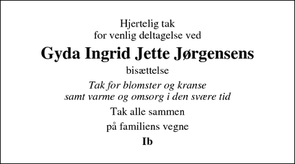 Taksigelsen for Gyda Ingrid Jette Jørgensens - Ravnkilde