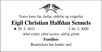 Dødsannoncen for Eigil Christian Halfdan Sennels - Odder