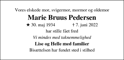 Dødsannoncen for Marie Bruus Pedersen - Viby