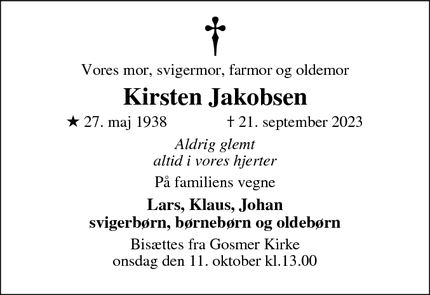 Dødsannoncen for Kirsten Jakobsen - Odder