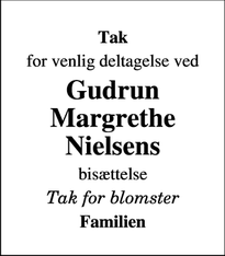 Dødsannoncen for Gudrun Margrethe Nielsens - Odder
