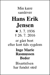 Dødsannoncen for Hans Erik Jensen - Beder