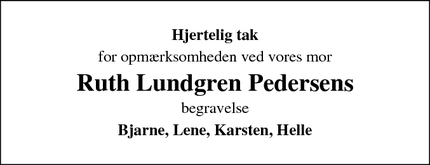 Dødsannoncen for Ruth Lundgren Pedersens - Odder