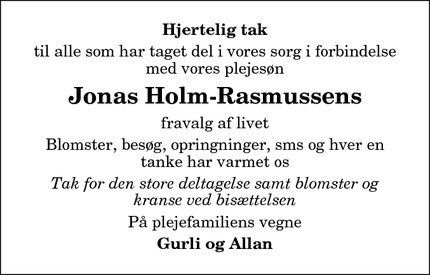 Dødsannoncen for Jonas Holm-Rasmussens - Brønderslev