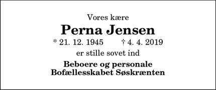 Dødsannoncen for  Perna Jensen  - Sjørring