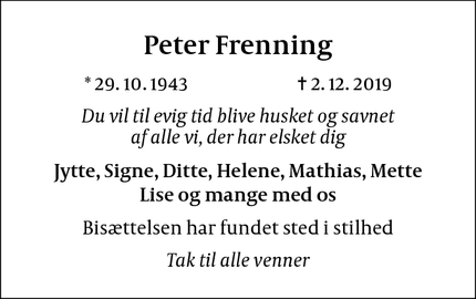 Dødsannoncen for  Peter Frenning - Viby Sjællland