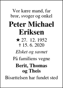 Dødsannoncen for Peter Michael
Eriksen - Nærum