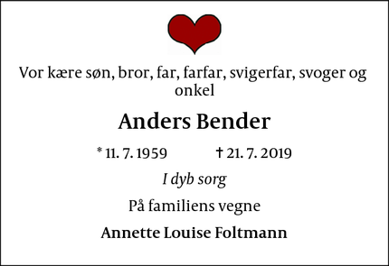 Dødsannoncen for Anders Bender - Vanløse