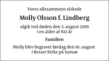 Dødsannoncen for Molly Olsson f. Lindberg - Århus