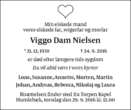 Dødsannoncen for Viggo Dam Nielsen - Espergærde