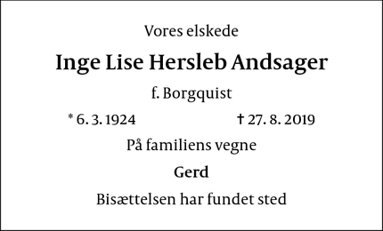Dødsannoncen for Inge Lise Hersleb Andsager - Hareskov