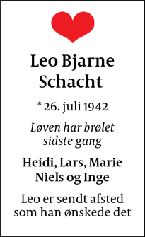 Dødsannoncen for Leo Bjarne
Schacht  - Allerød