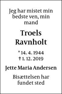 Dødsannoncen for Troels Ravnholt - Skive
