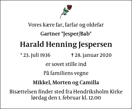 Dødsannoncen for  Harald Henning Jespersen - Rødovre