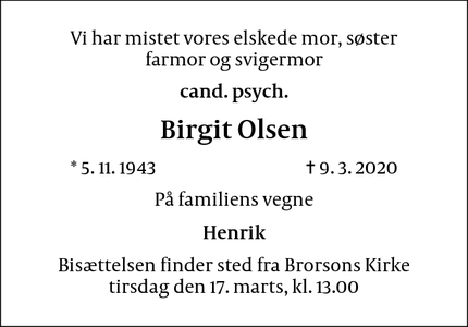 Dødsannoncen for Birgit Olsen - København N
