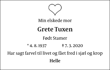 Dødsannoncen for Grete Tuxen - Årsdale