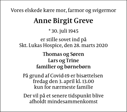 Dødsannoncen for Anne Birgit Greve - Bagsværd