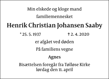 Dødsannoncen for Henrik Christian Johansen Saaby - Tølløse