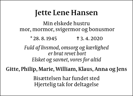 Dødsannoncen for Jette Lene Hansen - Vanløse