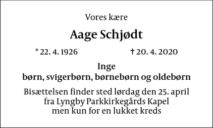 Dødsannoncen for Aage Schjødt - Kongens Lyngby