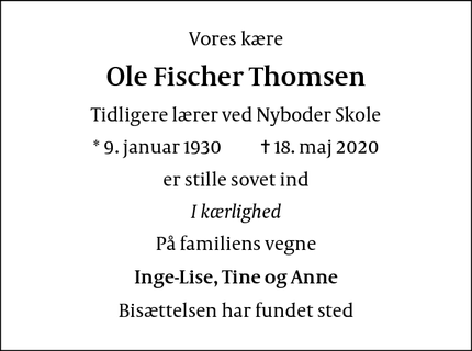 Dødsannoncen for Ole Fischer Thomsen - København