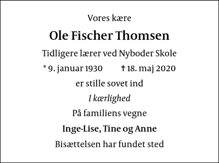 Dødsannoncen for Ole Fischer Thomsen - København