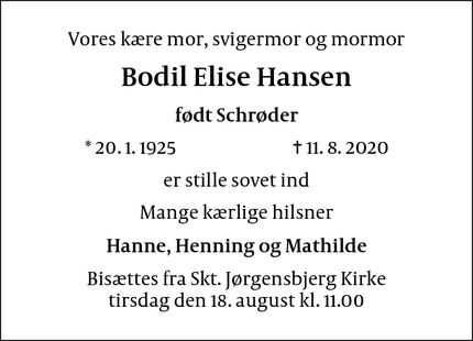 Dødsannoncen for Bodil Elise Hansen - Lejre/Roskilde
