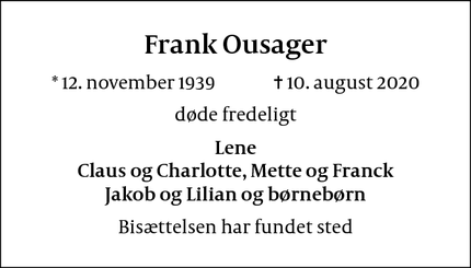 Dødsannoncen for Frank Ousager - 5560 aarup