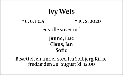 Dødsannoncen for Ivy Weis - Frederiksberg