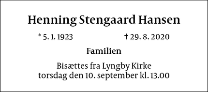 Dødsannoncen for Henning Stengaard Hansen - Lyngby