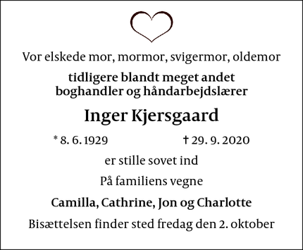 Dødsannoncen for Inger Kjersgaard - Dragør