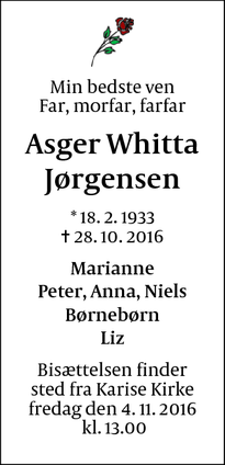 Dødsannoncen for Asger Whitta Jørgensen - Karise