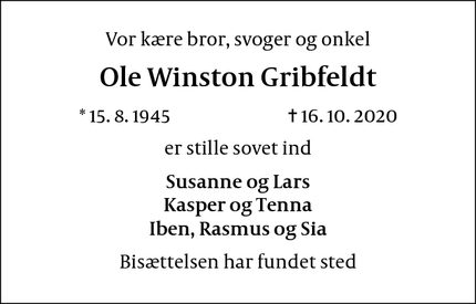 Dødsannoncen for Ole Winston Gribfeldt - Skovlunde
