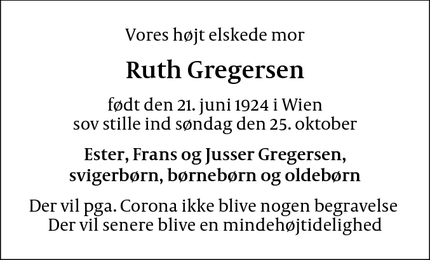 Dødsannoncen for Ruth Gregersen - Frederiksberg C