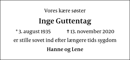 Dødsannoncen for Inge Guttentag - Hvidovre