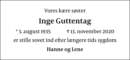 Dødsannoncen for Inge Guttentag - Hvidovre