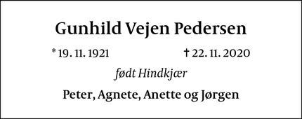 Dødsannoncen for Gunhild Vejen Pedersen - Brede